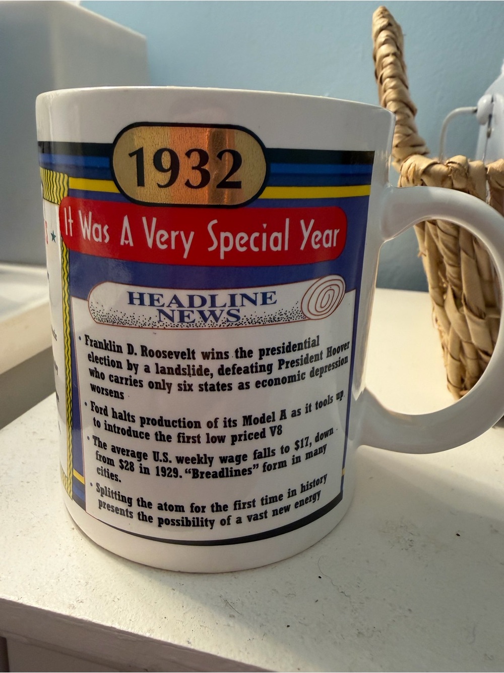 1932 Special Year Commemorative Mug w/ Headline News & Sports Facts